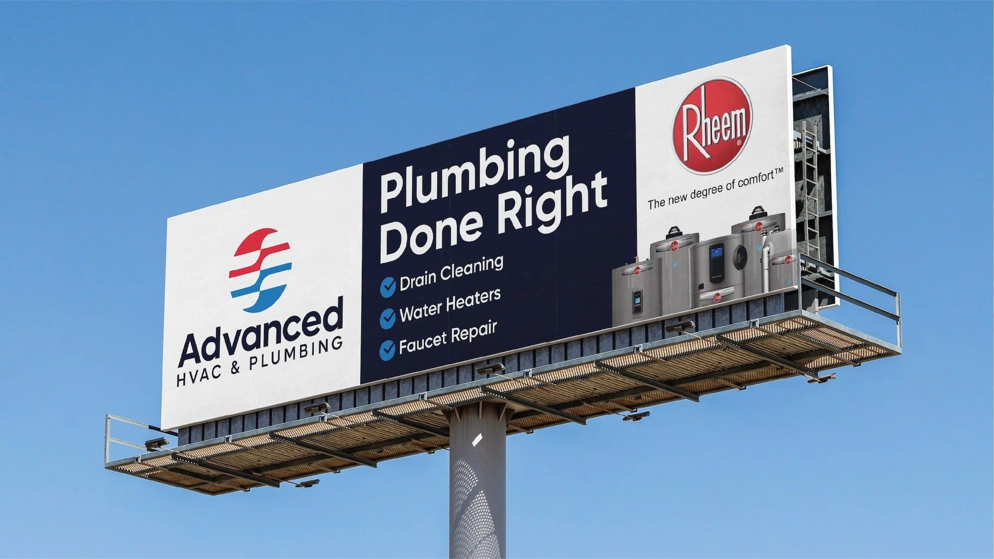 A roadside billboard reading “Plumbing Done Right” beside the new Advanced HVAC & Plumbing logo, with a row of Rheem water heaters