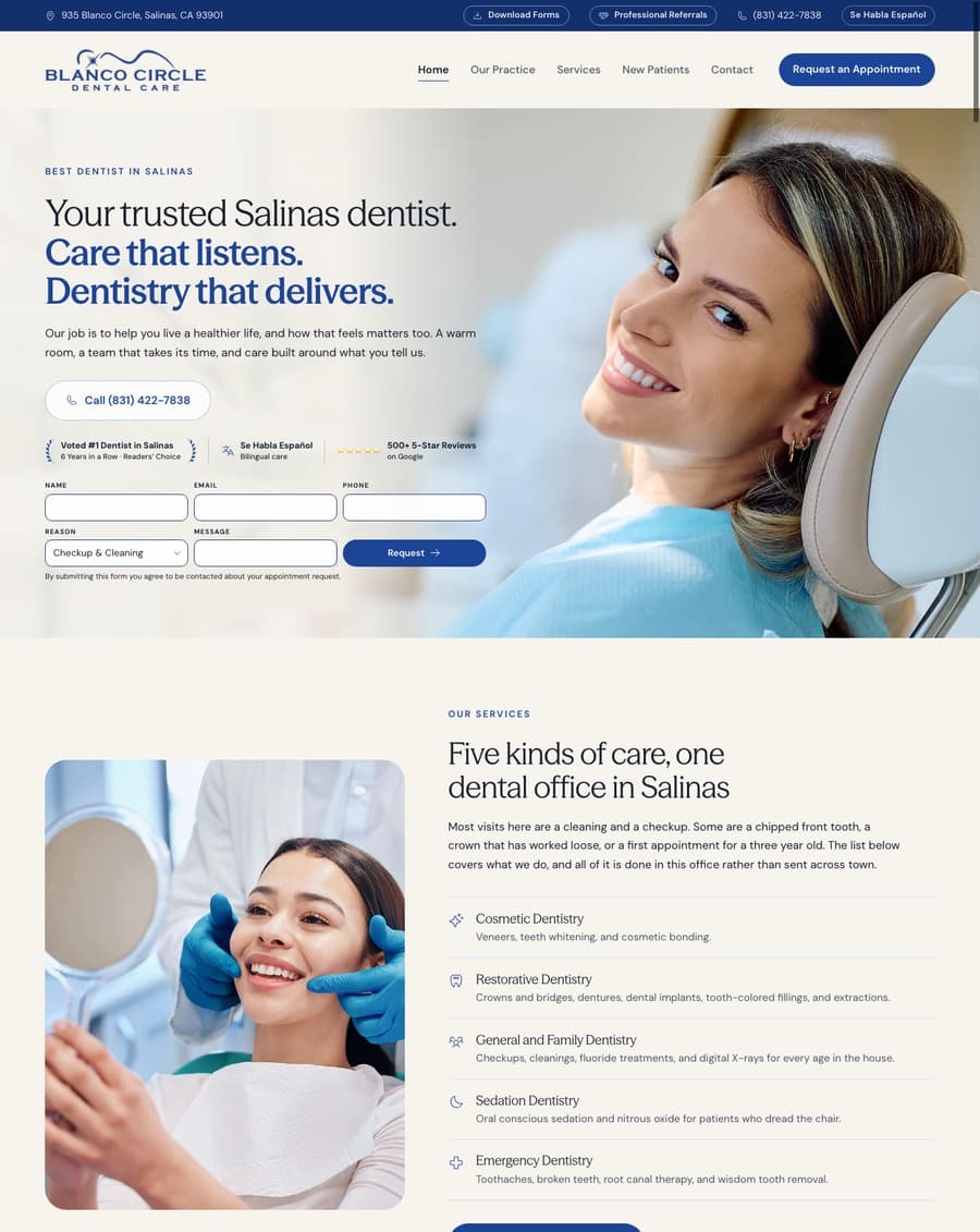 Homepage of the Blanco Circle Dental Care website