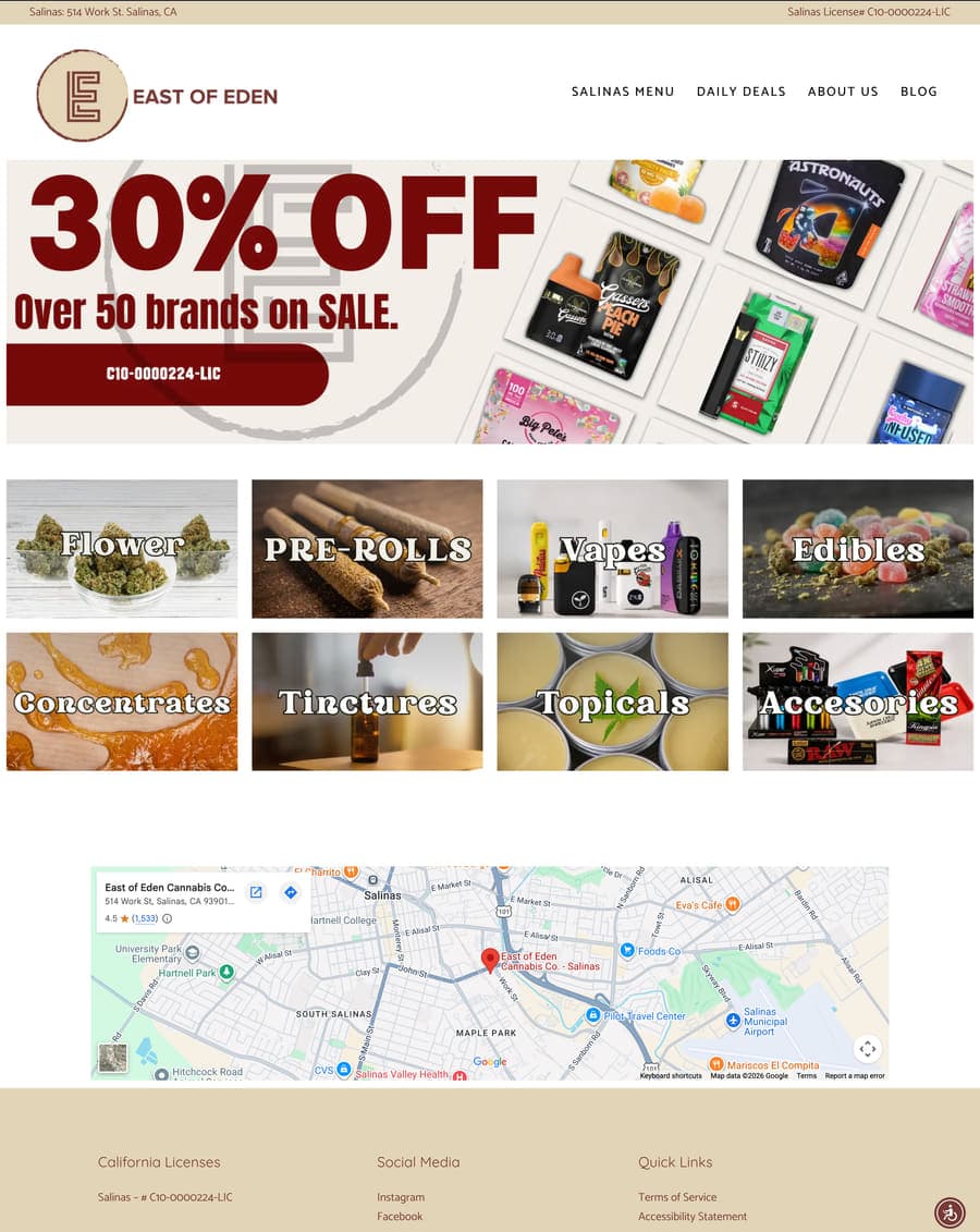 Homepage of the East of Eden Cannabis Co website