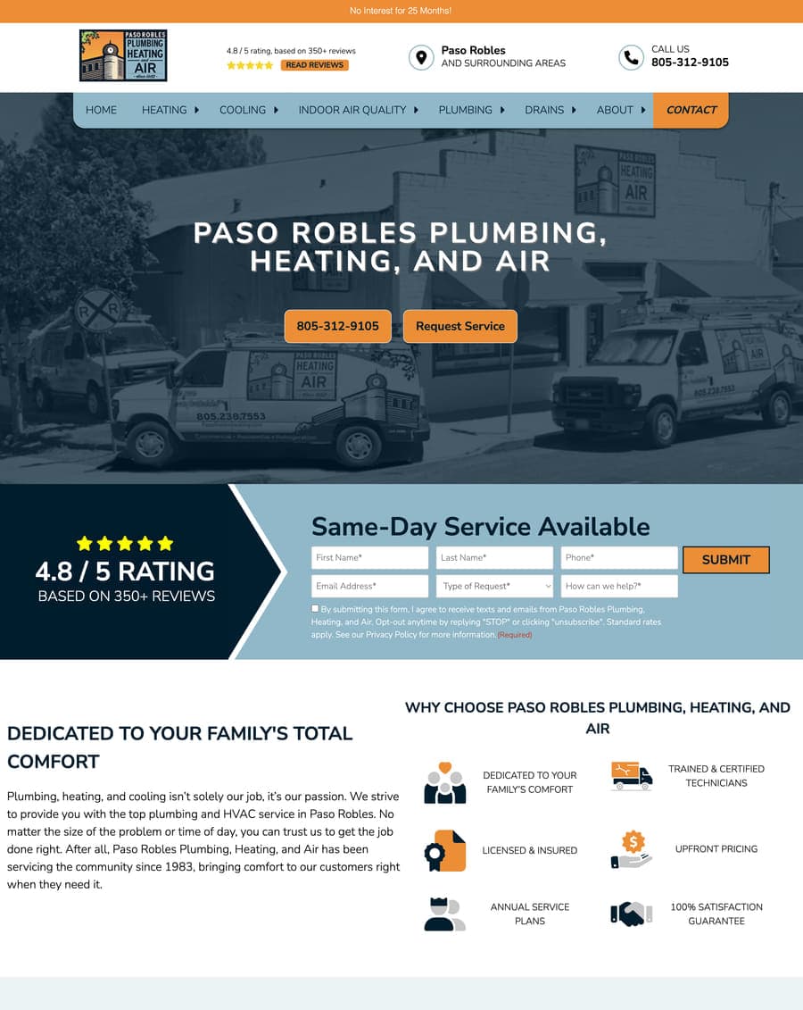 Homepage of the Paso Robles Plumbing, Heating and Air website