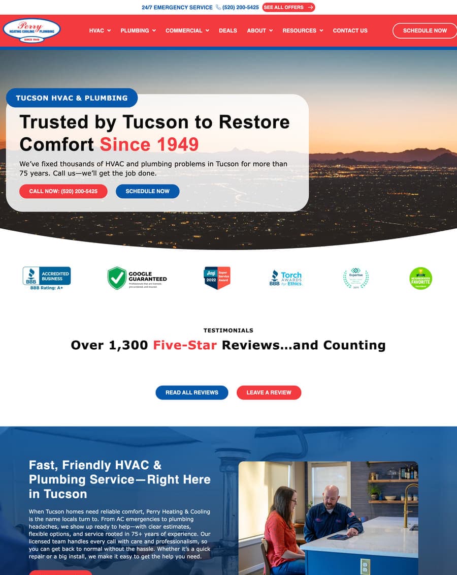 Homepage of the Perry’s Heating, Cooling & Plumbing website