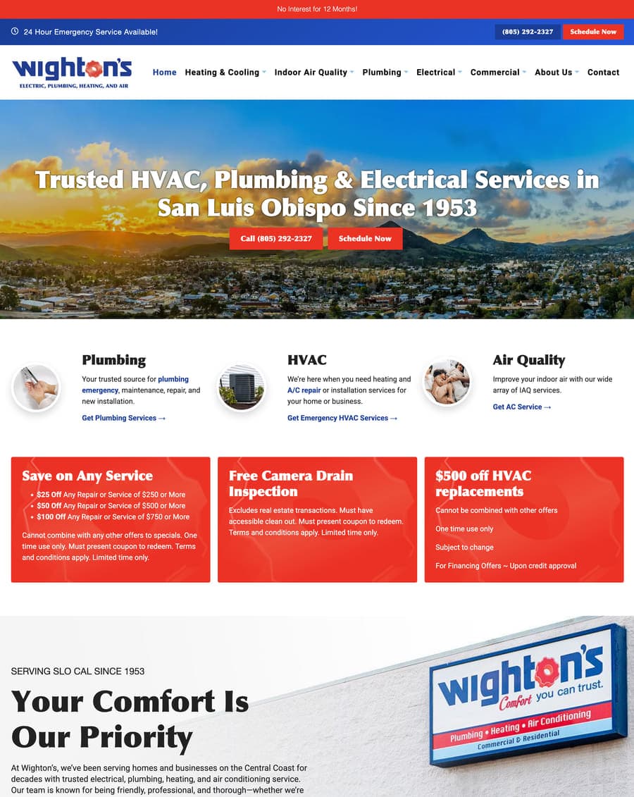 Homepage of the Wighton’s electric, plumbing, heating and air website