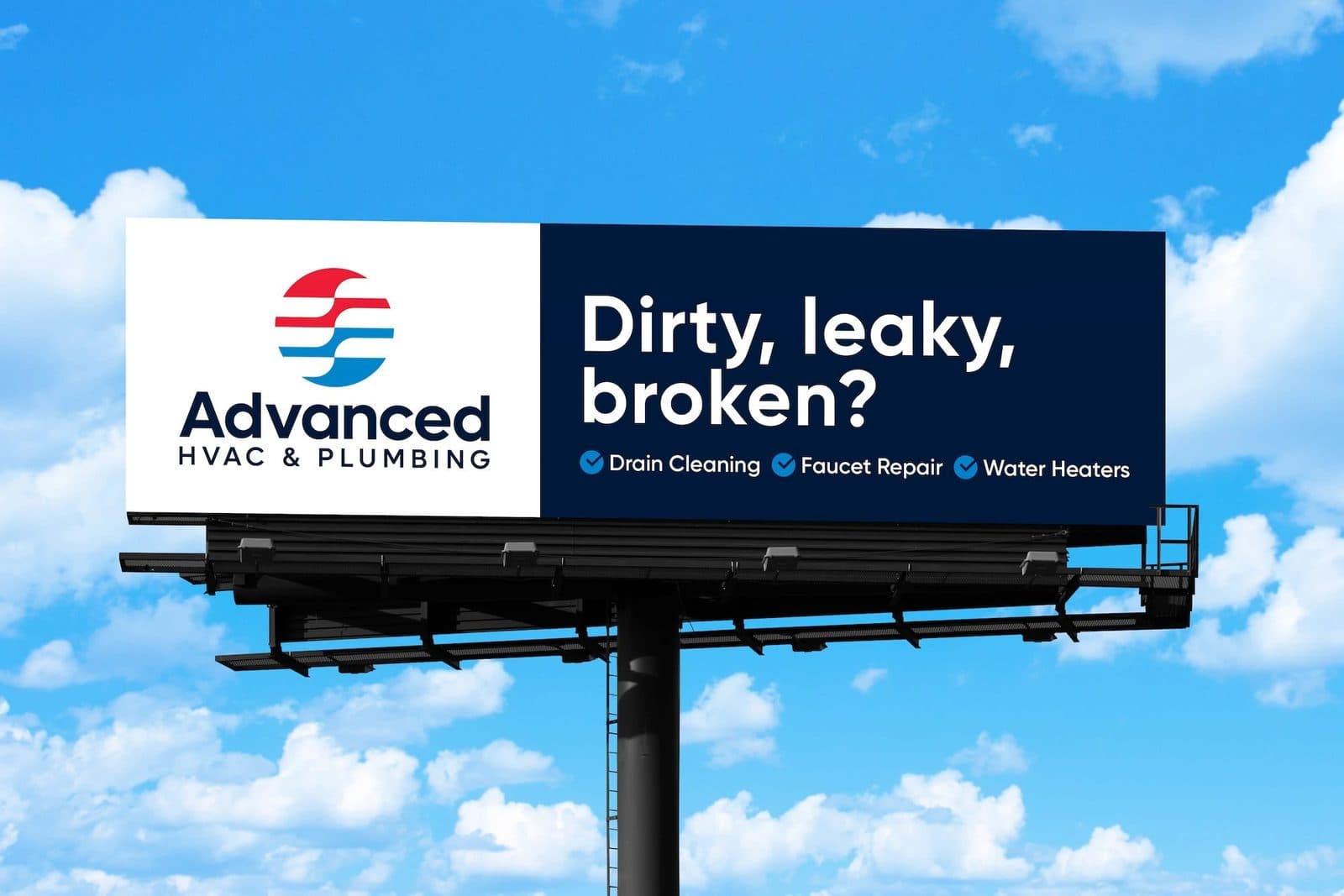 A second billboard reading “Dirty, leaky, broken?” listing drain cleaning, faucet repair and water heaters
