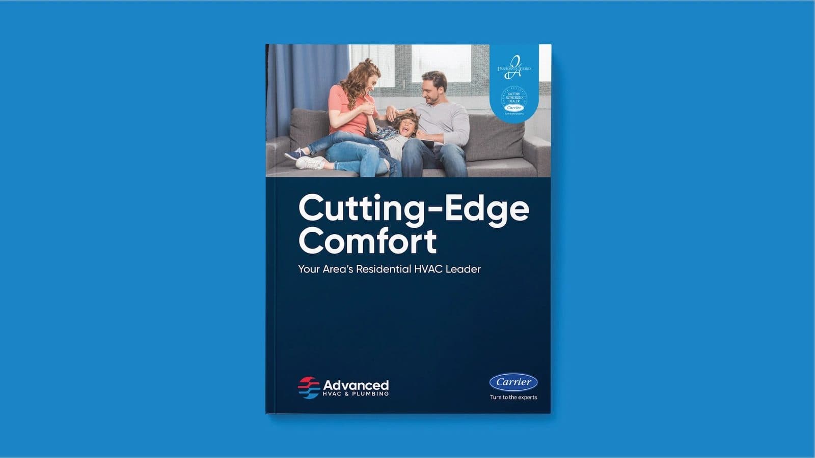 The Cutting-Edge Comfort brochure cover, a family on a sofa above the headline “Your Area’s Residential HVAC Leader”