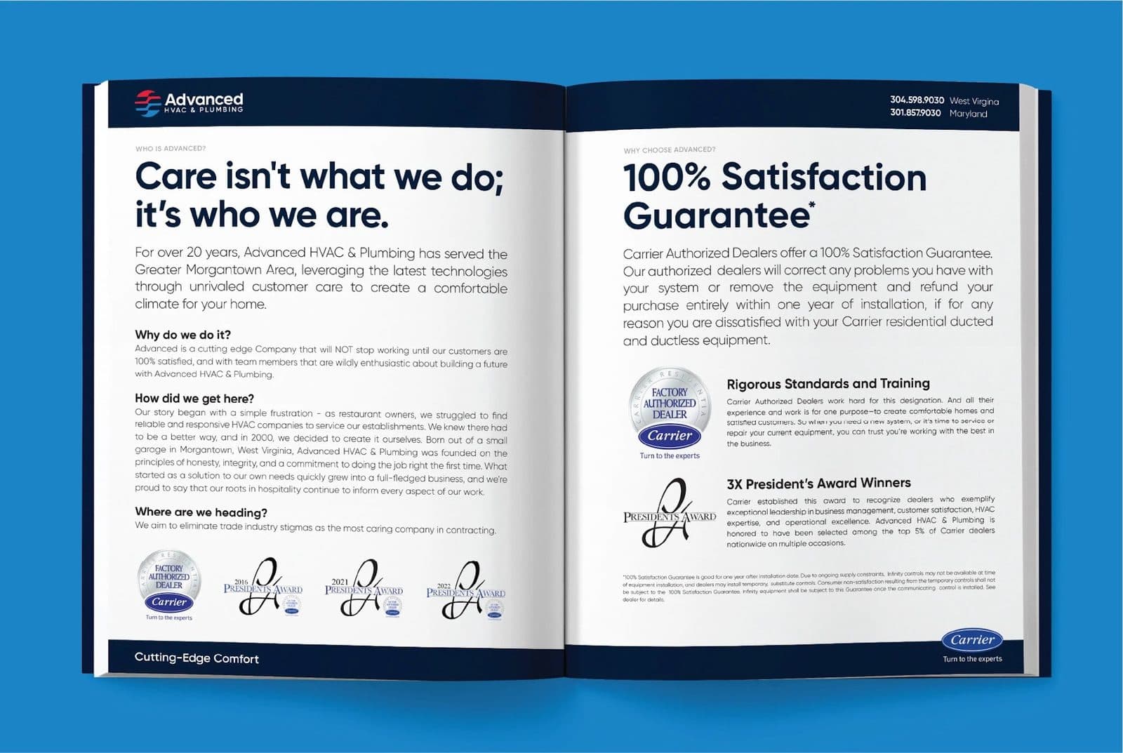 A brochure spread headed “Care isn’t what we do; it’s who we are”, facing a 100% Satisfaction Guarantee page