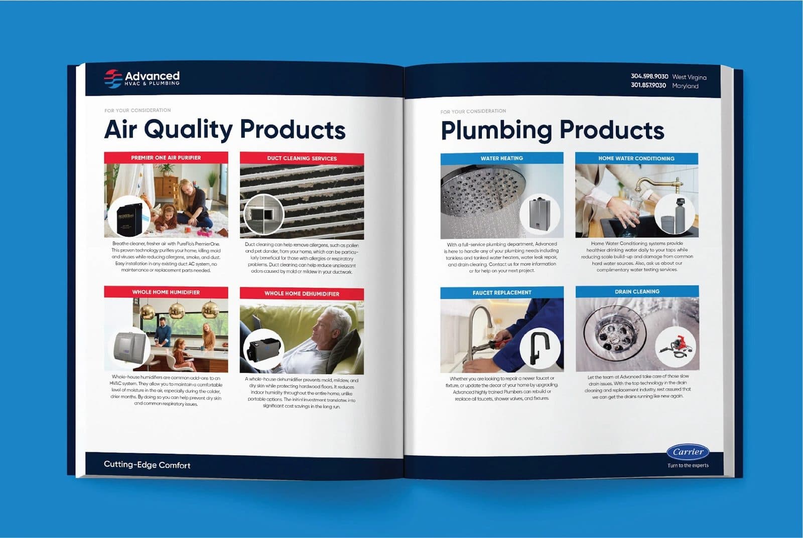 A brochure spread of air quality products facing a page of plumbing products