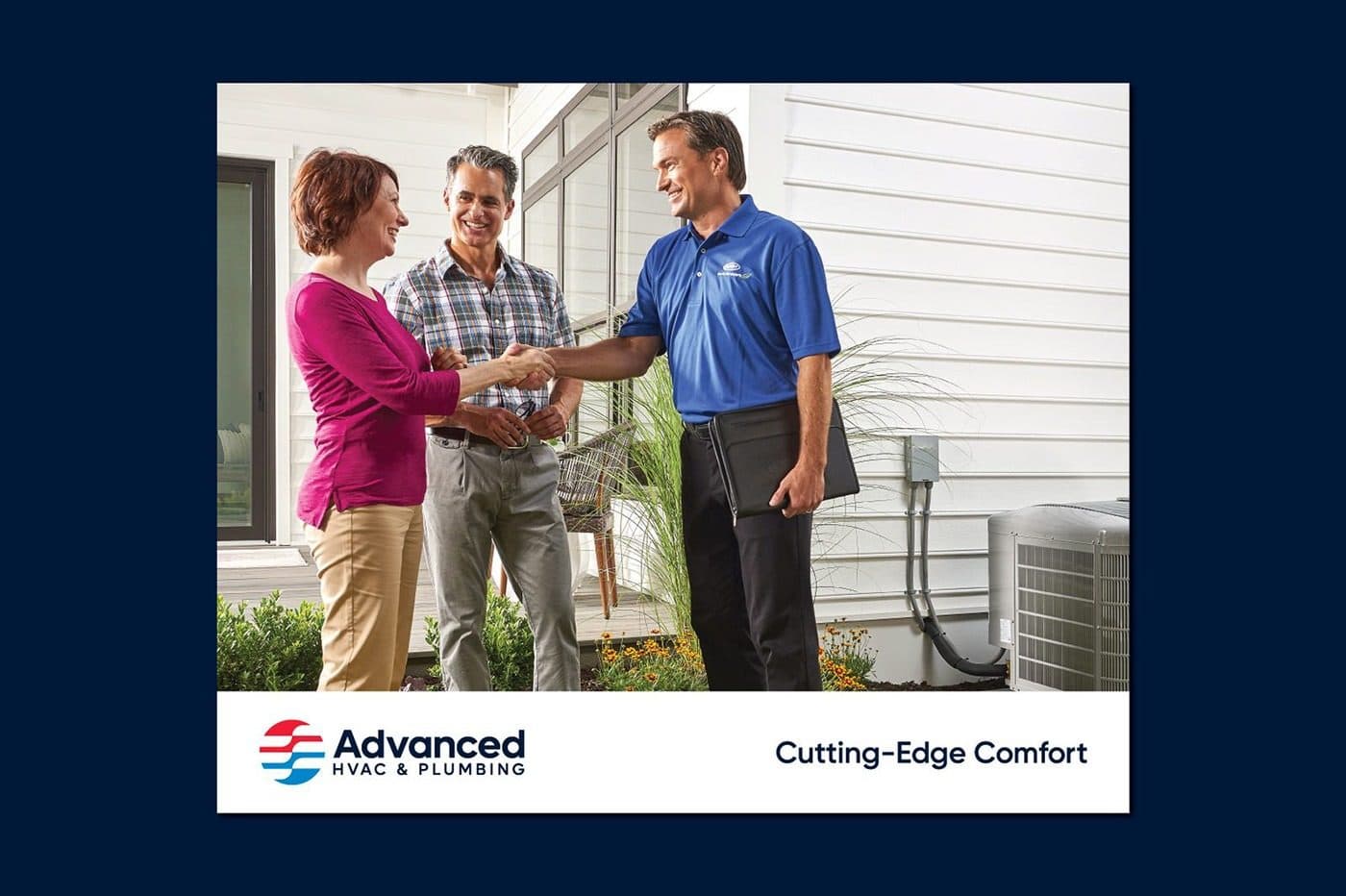 A campaign card showing a technician shaking hands with two homeowners beside an outdoor condenser unit