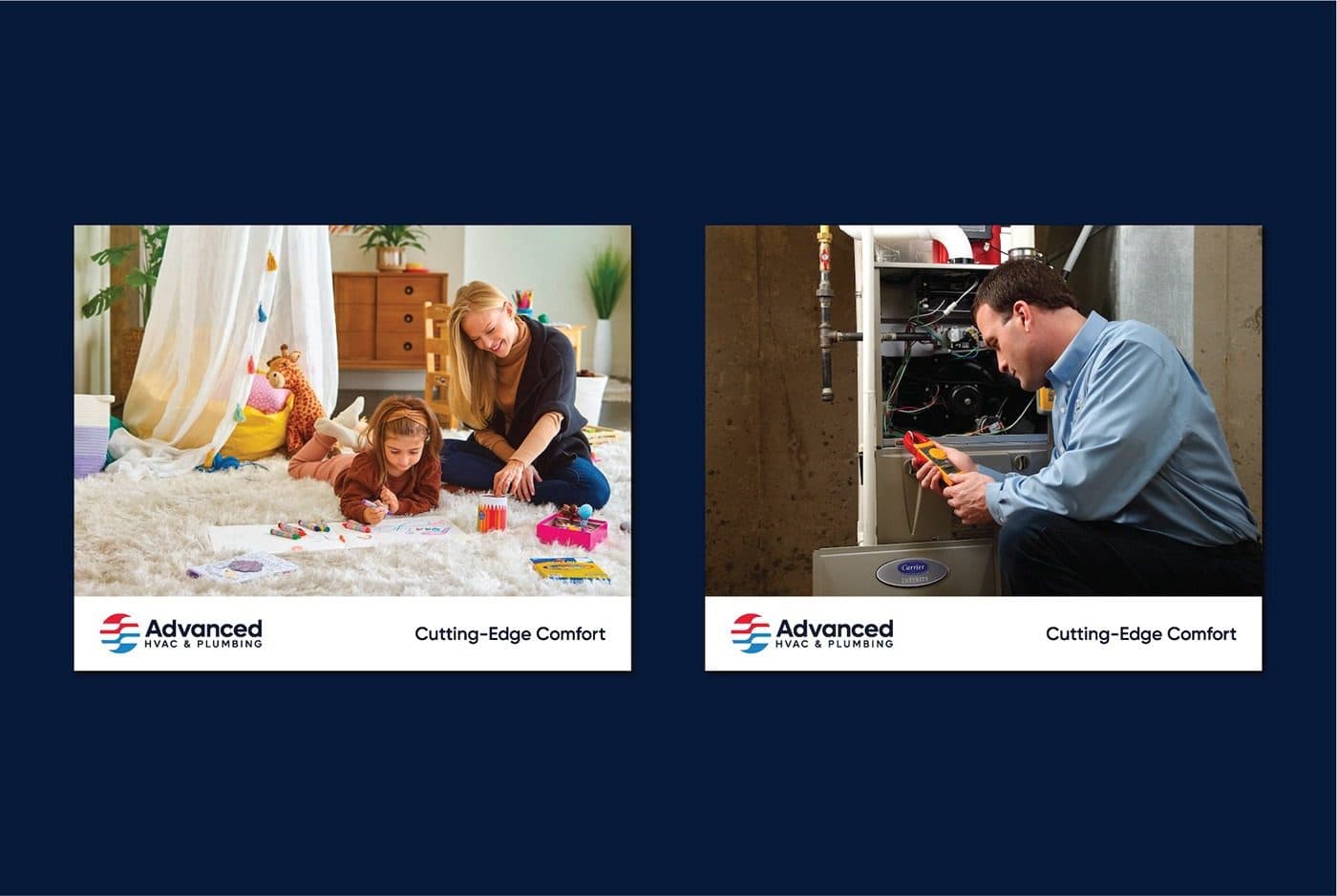 Two campaign cards: a mother and daughter playing on a rug, and a technician working on a furnace