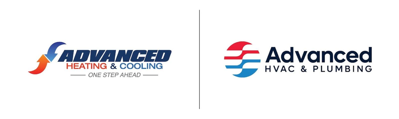 The old Advanced Heating & Cooling logo, a red flame wordmark, beside the new Advanced HVAC & Plumbing mark of stacked red and blue airflow bands
