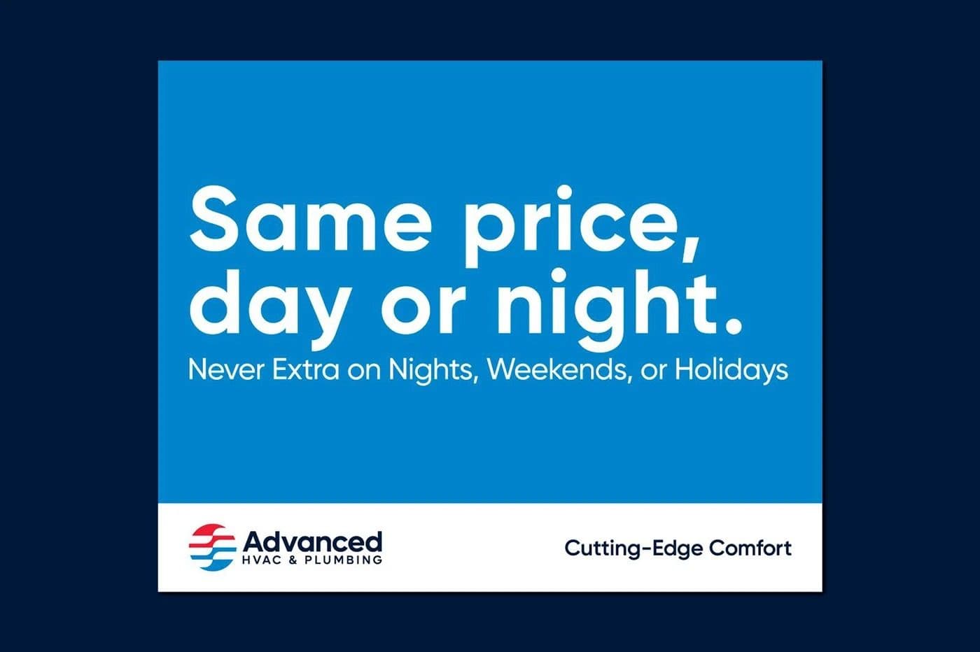 A blue campaign card reading “Same price, day or night. Never extra on nights, weekends, or holidays”