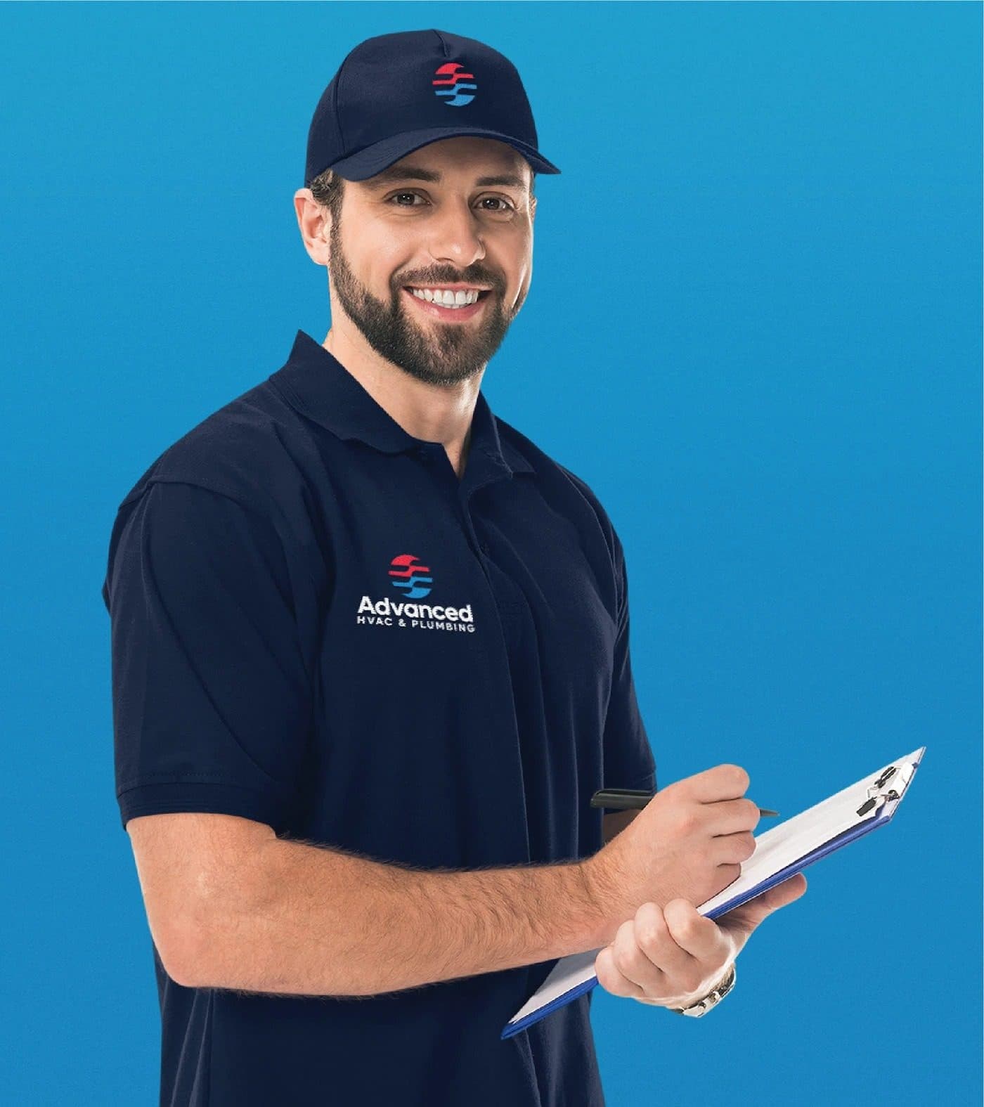 A technician in a branded navy polo and cap holding a clipboard against a blue background