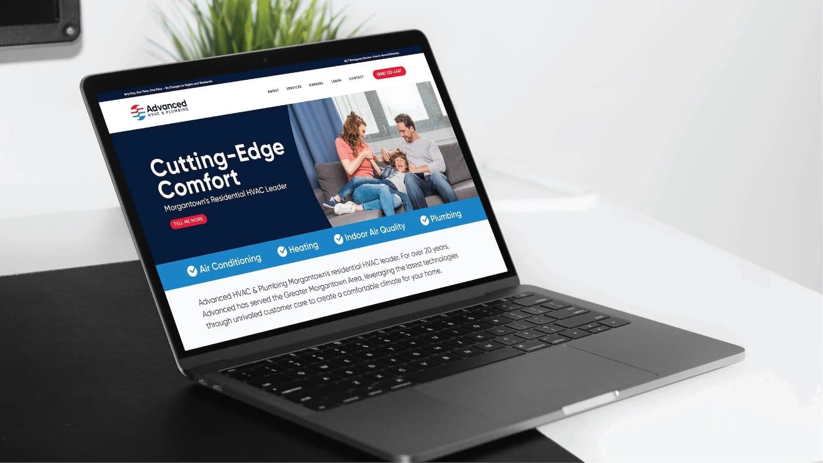 The Advanced HVAC & Plumbing website on a laptop, headed Cutting-Edge Comfort with service filters beneath